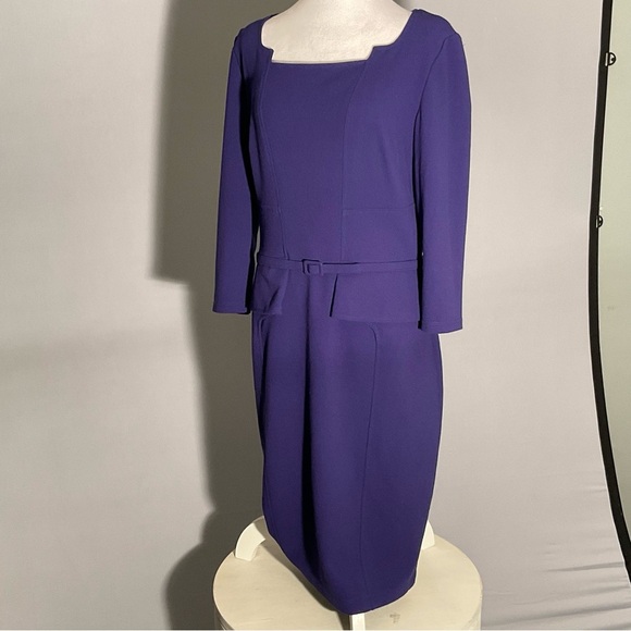 David Meister Size 10 Purple Sheath Dress Fabric Belt 3/4 Sleeve Unique Neckline - Picture 5 of 14